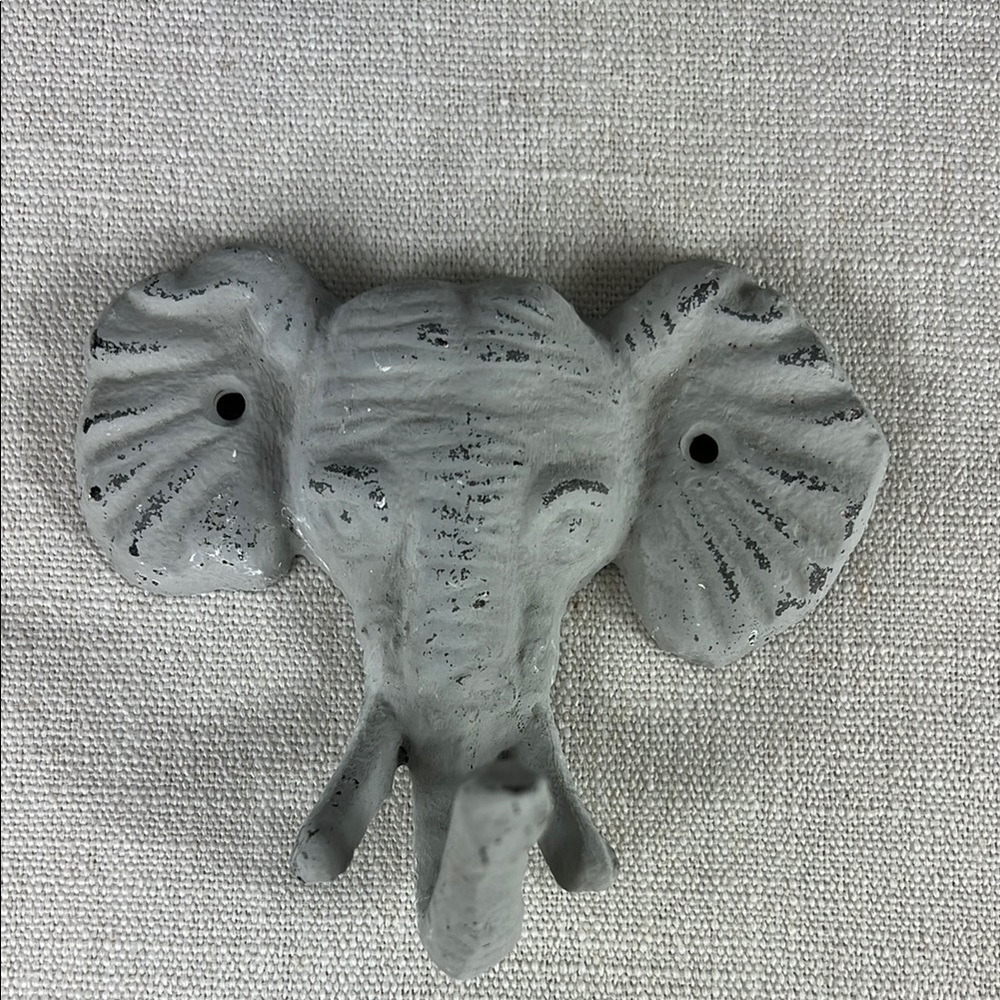 Cast Iron Elephant Wall Hook Hand Painted Gray Distressed Nursery Mudroom Hall